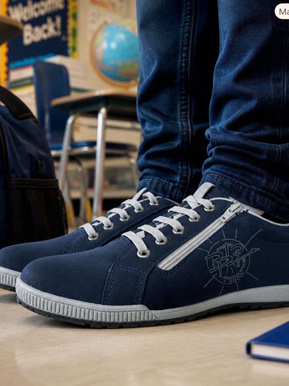 Boy's Casual Dark Blue Lace-Up Sneakers with Side Zip And Anti-fatigue Sole